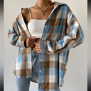 Drop Shoulder Plaid Blouse
